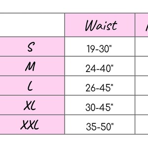 Size chart graphic for a pink vegan leather garter belt, showing a modelled photo, detailing measurements for waist, natural waist and hip circumferences, and overall fit. Clear labels and dimensions ensure accurate sizing for pastel goth and kawaii fashion, burlesque costumes, festival or BDSM-inspired outfits. Designed for alternative fashion enthusiasts seeking comfort and edgy style.