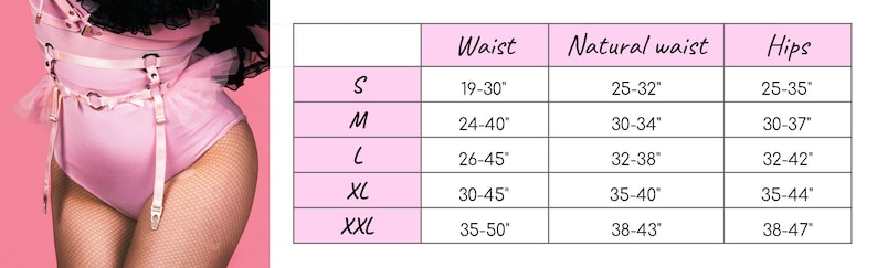Size chart graphic for a pink vegan leather garter belt, showing a modelled photo, detailing measurements for waist, natural waist and hip circumferences, and overall fit. Clear labels and dimensions ensure accurate sizing for pastel goth and kawaii fashion, burlesque costumes, festival or BDSM-inspired outfits. Designed for alternative fashion enthusiasts seeking comfort and edgy style.