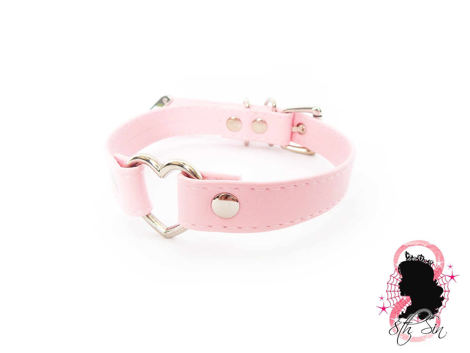 Pink Faux Leather Heart Ring Choker, Pink Heart Ring Choker, Pink Fau…