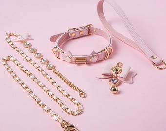 Pink and Gold Cat Girl Choker Leash Set - Kawaii Pet Play Collar, Chain Lead