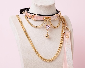 Black and Pink Crystal Heart Collar Leash Set - Pastel Goth Choker with Diamante Charm