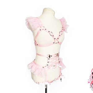 Pink Vegan Leather Corset Body Harness Set, Pink Corset Harness Set, Pink Plus Size Harness Set, Pink Ribbon Harness Set, Pink DDLG Harness image 3