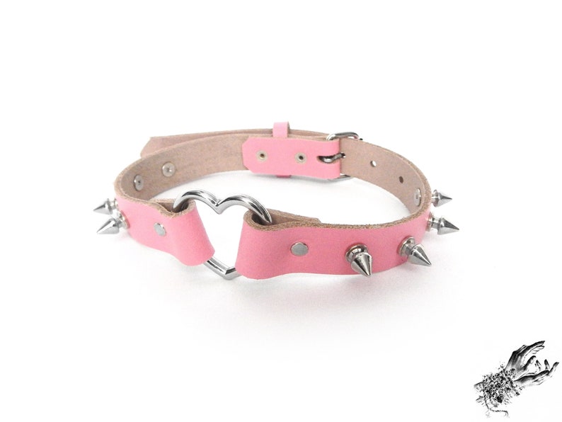 Pink Studded Heart Ring Choker, Pink Spiked Heart Choker, Pink Studded Heart Ring Collar, Pink Love Slave Collar, Pink Spiked Heart Collar image 1