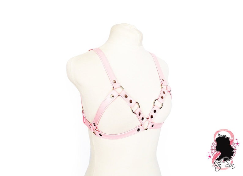 Pink Vegan Leather Cage Harness Bra, Pink O Ring Harness, Pink Vegan Leather Harness Bra, Pink Kitten Play Gear, Pink Plus Size Harness Bra image 3