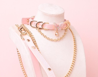 Pink and Gold Butterfly Choker Leash Set - Kawaii Pet Play Collar, Harajuku Fashion Jewellery