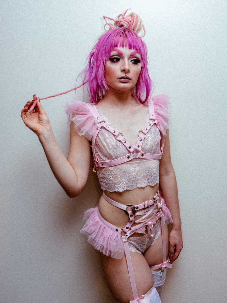 Pink Vegan Leather Corset Body Harness Set, Pink Corset Harness Set, Pink Plus Size Harness Set, Pink Ribbon Harness Set, Pink DDLG Harness image 1