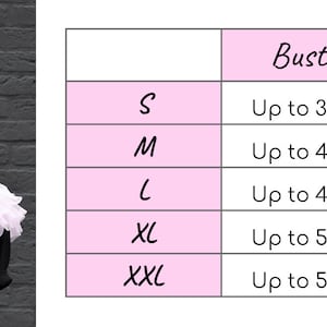 Size chart graphic for a pink vegan leather ruffled chest harness, showing a modelled photo, detailing measurements for bust and underbust circumferences, and overall fit. Clear labels and dimensions ensure accurate sizing for pastel goth, Japanese street fashion, burlesque, festival or BDSM-inspired outfits. Designed for alternative fashion enthusiasts seeking comfort and edgy style.