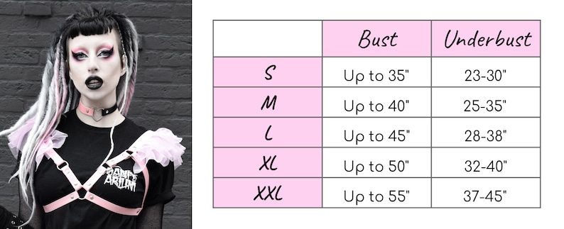 Size chart graphic for a pink vegan leather ruffled chest harness, showing a modelled photo, detailing measurements for bust and underbust circumferences, and overall fit. Clear labels and dimensions ensure accurate sizing for pastel goth, Japanese street fashion, burlesque, festival or BDSM-inspired outfits. Designed for alternative fashion enthusiasts seeking comfort and edgy style.
