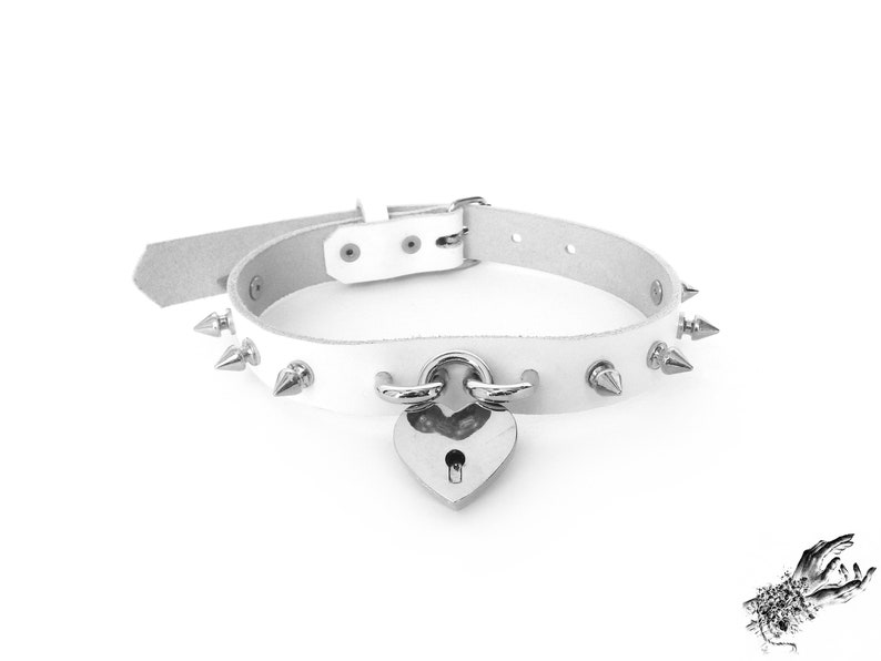 White Studded Heart Padlock Choker With Key White Spiky Heart Etsy UK