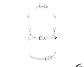 White Vegan Leather Corset Harness, Detachable Choker, Handmade