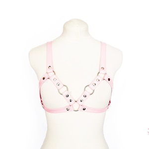 Pink Vegan Leather Cage Harness Bra, Pink O Ring Harness, Pink Vegan Leather Harness Bra, Pink Kitten Play Gear, Pink Plus Size Harness Bra image 4