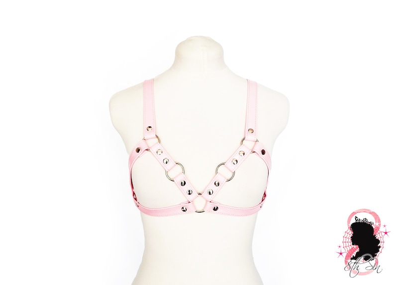 Pink Vegan Leather Cage Harness Bra, Pink O Ring Harness, Pink Vegan Leather Harness Bra, Pink Kitten Play Gear, Pink Plus Size Harness Bra image 4