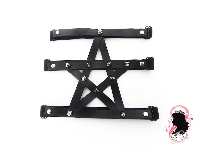 Black Leather Pentagram Garter, Black Pentagram Garter, Leather Star Garter, Black Star Garter, Black BDSM Garter, Faux Leather Garter image 4