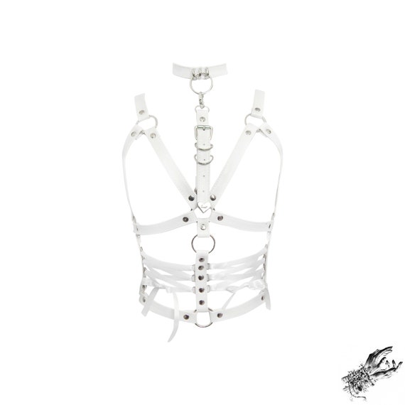 White Vegan Leather Corset Harness With Detachable Choker - Pastel