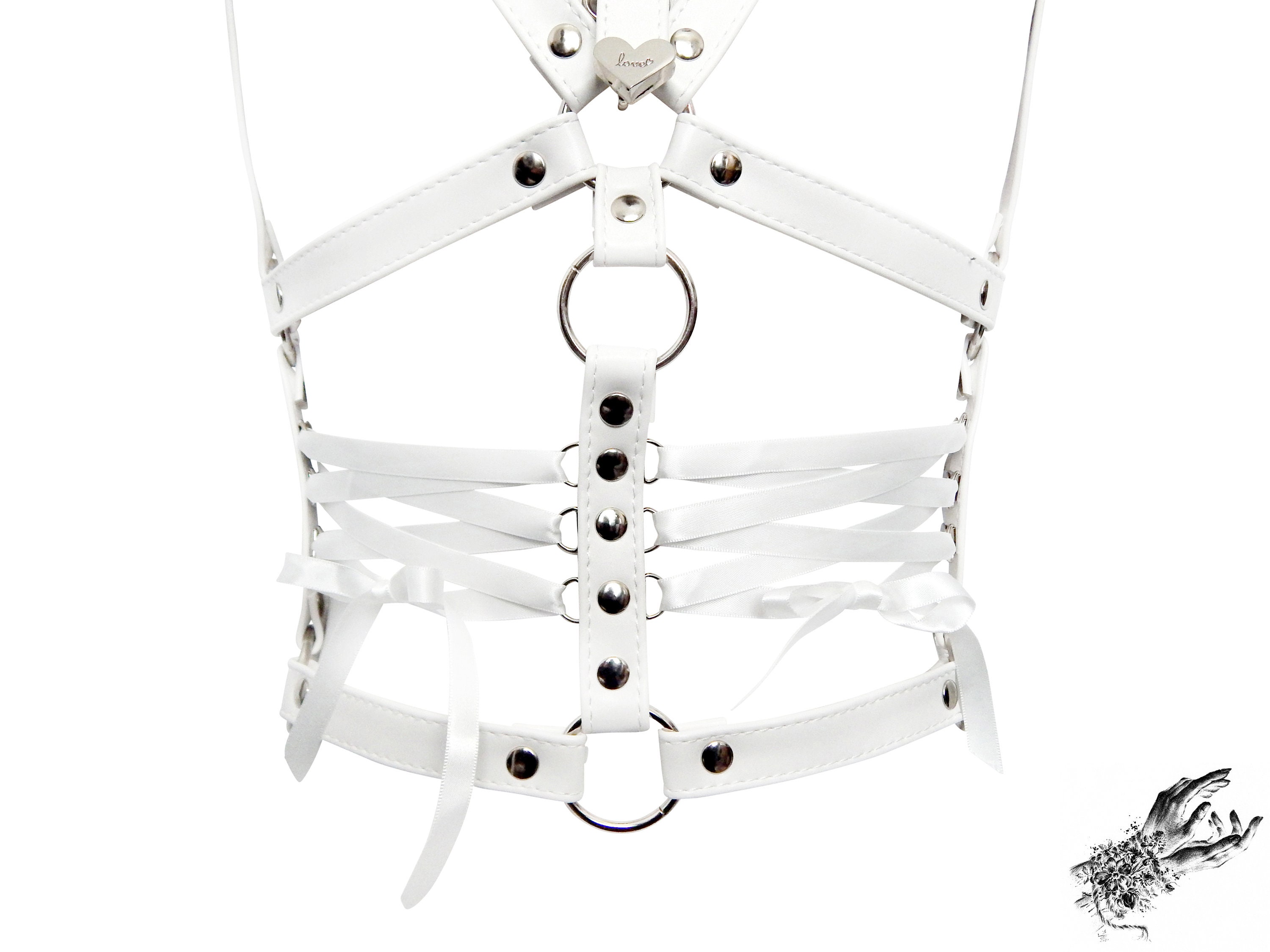 White Vegan Leather Corset Harness, Detachable Choker, Handmade