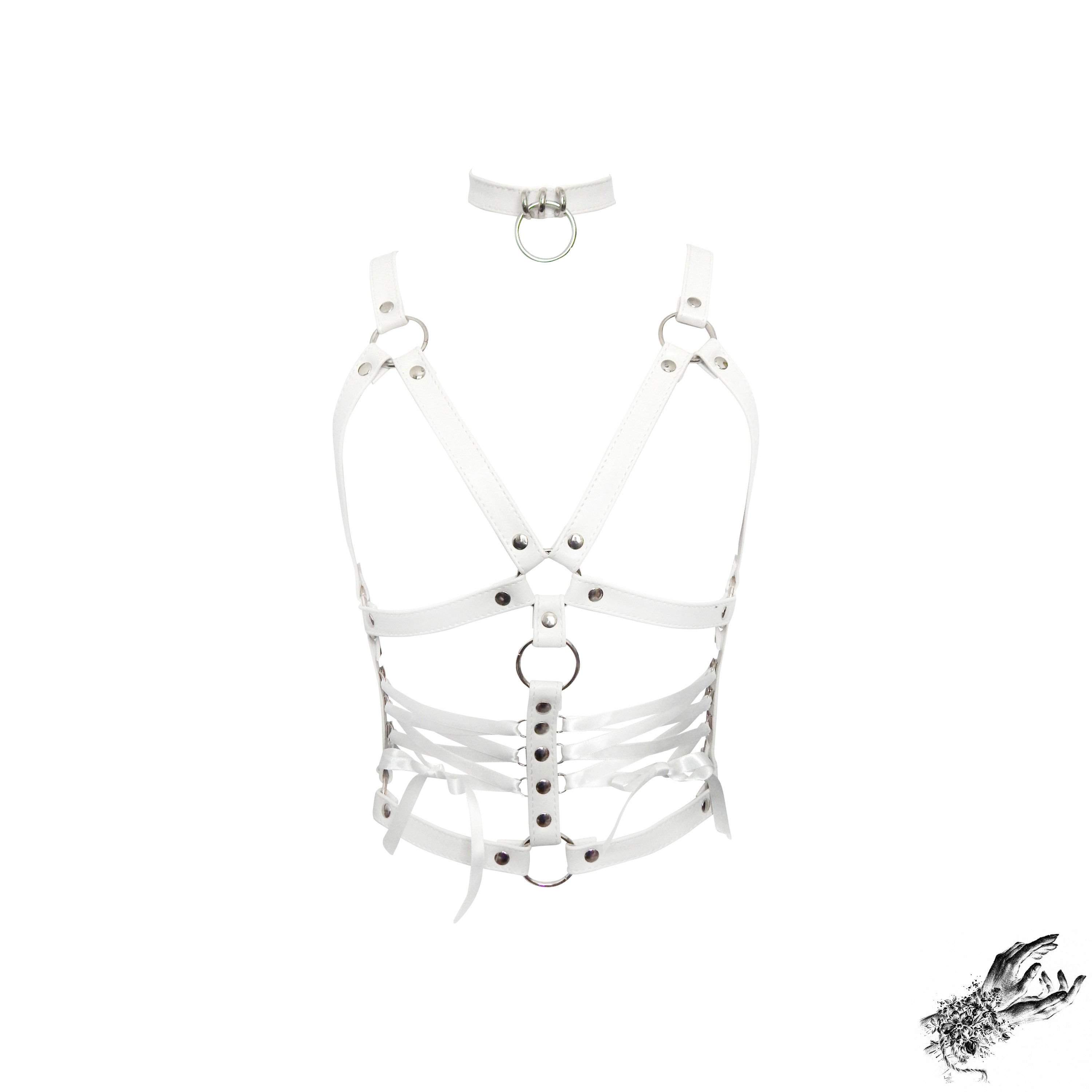 White Vegan Leather Corset Harness, Detachable Choker, Handmade
