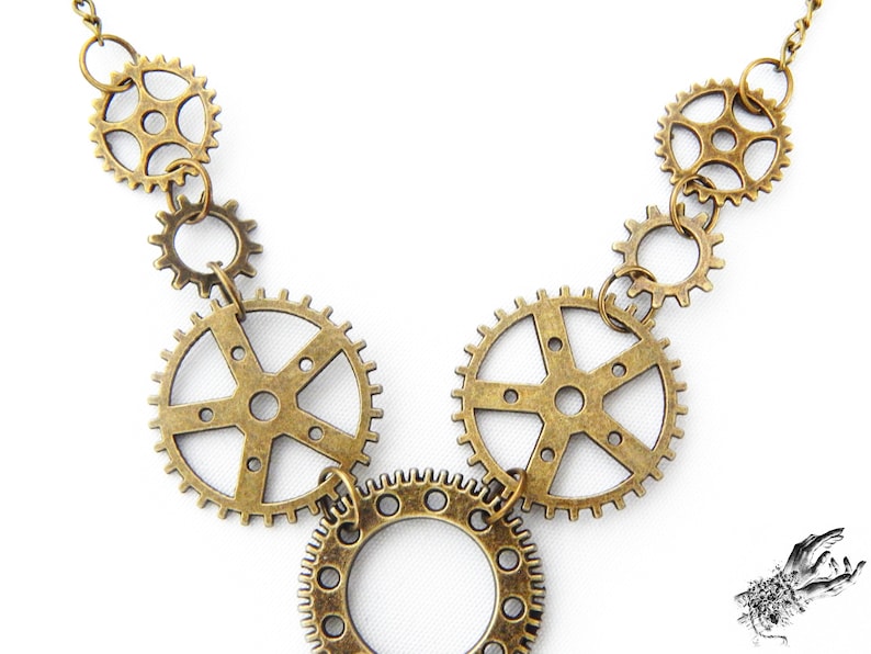 Close-up photo of the Steampunk gear necklace featuring intricately detailed bronze-tone gears and cogs. Lightweight design ensures comfort, while interlocking gears add depth and movement. Ideal for cosplay, themed events, or unique statement accessories. A great gift for fans of quirky, alternative jewelry styles.