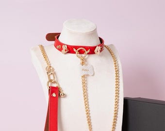 Red and Gold "Bella" Choker Leash Set - Petplay Collar with Tag, Kawaii E-Girl Necklace