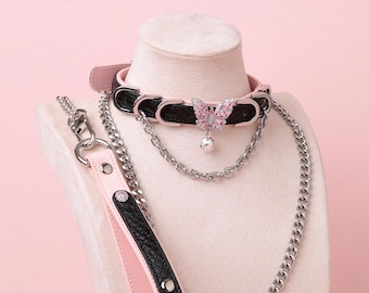 Black and Pink Butterfly Choker Leash Set - Pastel Goth Collar, Harajuku Fashion Jewellery