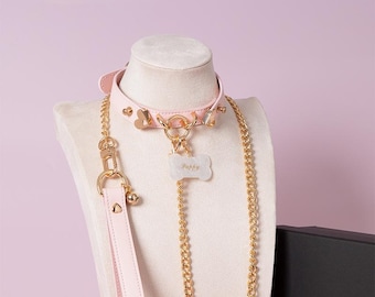 Pink and Gold Puppy Collar Leash Set with Tag - Kawaii Pet Play Choker
