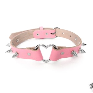 Pink Studded Heart Ring Choker, Pink Spiked Heart Choker, Pink Studded Heart Ring Collar, Pink Love Slave Collar, Pink Spiked Heart Collar image 2