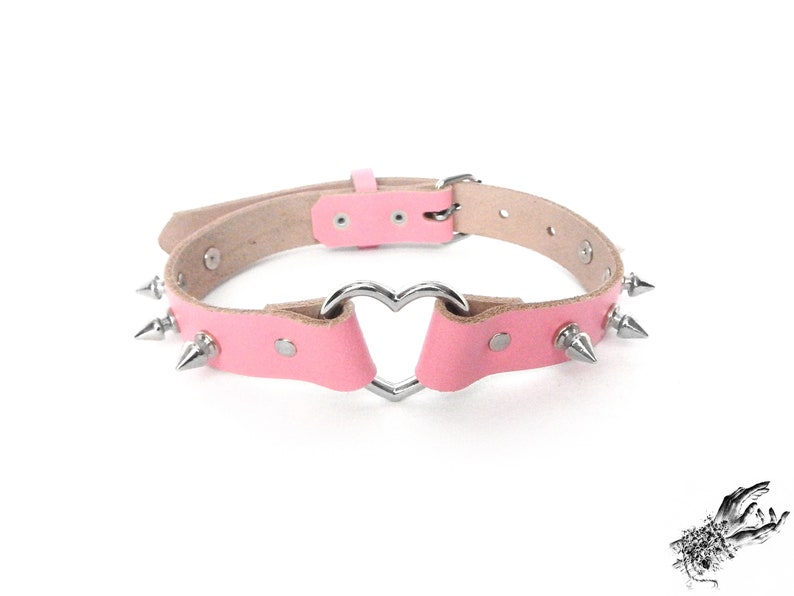 Pink Studded Heart Ring Choker, Pink Spiked Heart Choker, Pink Studded Heart Ring Collar, Pink Love Slave Collar, Pink Spiked Heart Collar image 2