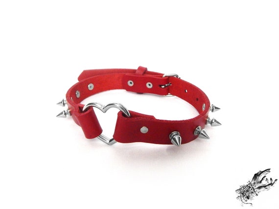 Red Studded Heart Ring Choker Red Spiked Heart Choker Red Spiked