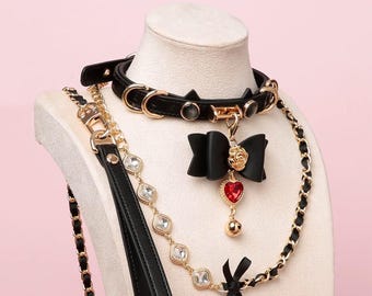 Black and Gold Cat Girl Choker Leash Set - Pet Play Collar, Chain Lead, E-Girl