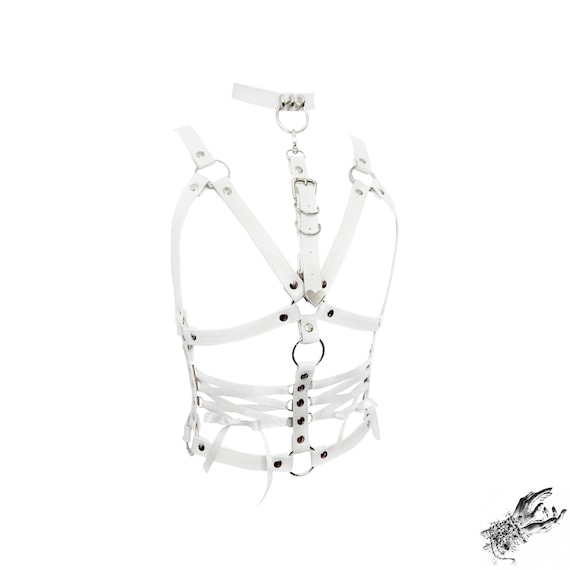 White Vegan Leather Corset Harness With Detachable Choker - Pastel