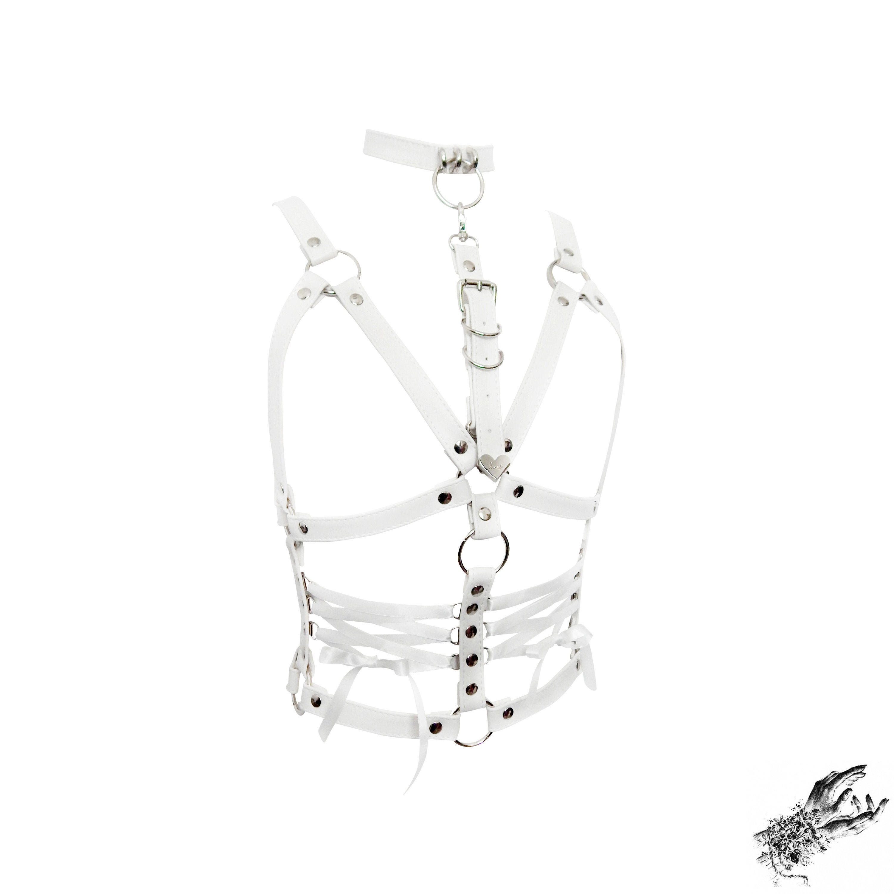 トップス THEREDTHREAD harness corset white White Vegan Leather Corset Harness, Detachable Choker, Handmade