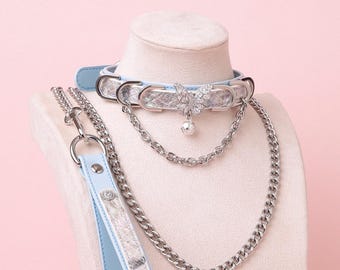 Blue and Silver Butterfly Choker Leash Set - Kawaii Pet Play Collar, Harajuku Fashion Jewellery