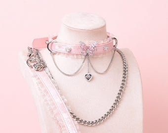 Pink and Silver Lace Butterfly Collar Leash Set - Pastel Goth Choker with Chains