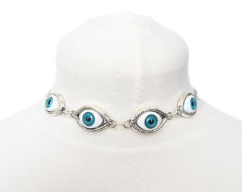 Antique Silver Evil Eye Choker Necklace, Evil Eye Necklace, Eyeball Necklace, Blue Evil Eye Necklace, Silver Evil Eye Necklace