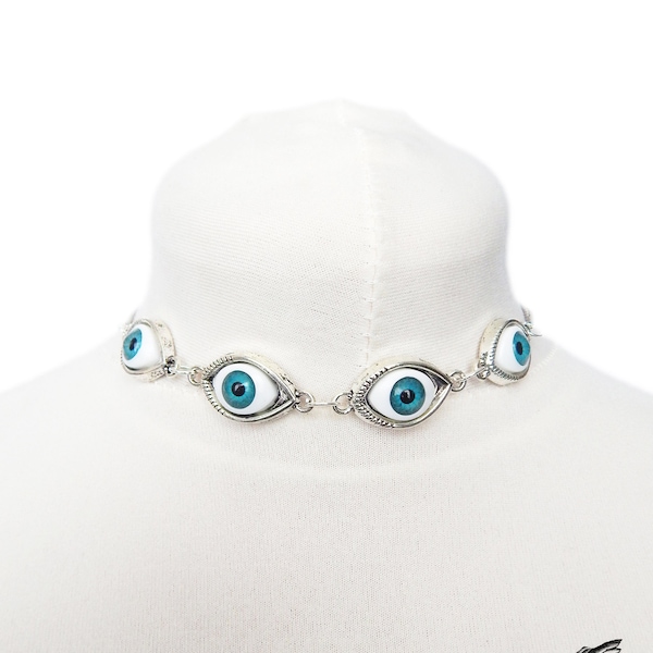 Antique Silver Evil Eye Choker Necklace, Evil Eye Necklace, Eyeball Necklace, Blue Evil Eye Necklace, Silver Evil Eye Necklace