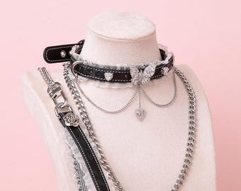 Black and Silver Lace Butterfly Collar Leash Set - Pastel Goth Choker with Chains