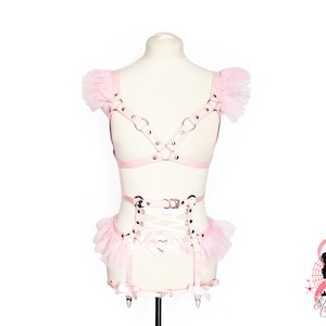 Pink Vegan Leather Corset Body Harness Set, Pink Corset Harness Set, Pink Plus Size Harness Set, Pink Ribbon Harness Set, Pink DDLG Harness image 7