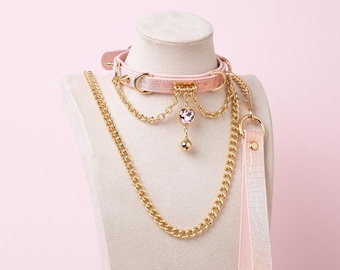 Pink and Gold Crystal Heart Collar Leash Set - Pastel Goth Choker with Diamante Charm