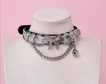 Black & Silver Butterfly Choker - Pastel Goth Collar, Harajuku Fashion Necklace, E-Girl Jewellery
