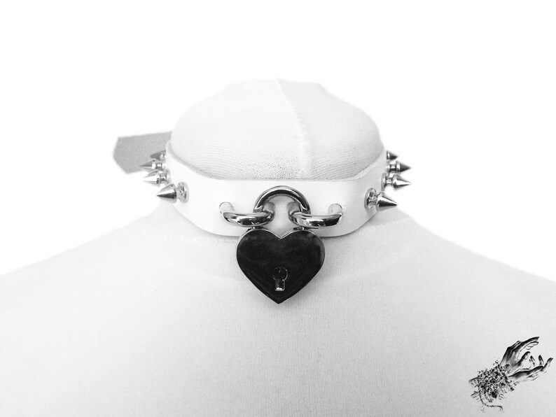 White Studded Heart Padlock Choker With Key White Spiky Heart Etsy UK