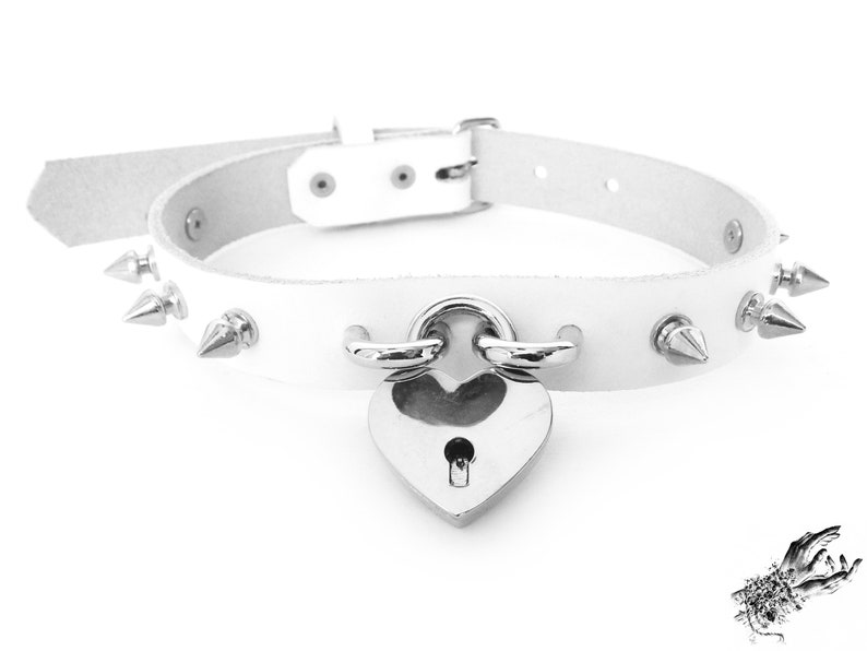White Studded Heart Padlock Choker With Key White Spiky Heart Etsy UK