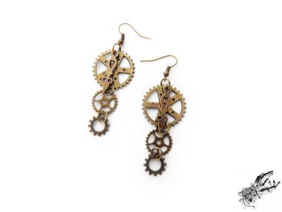Antique Bronze Steampunk Gear Earrings - Brass Clockwork Jewellery, Engineer Gift