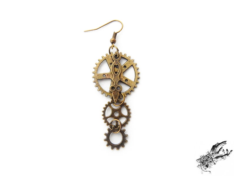 Steampunk gear earrings featuring intricately detailed bronze-tone gears and cogs. These handmade dangle earrings showcase a vintage industrial aesthetic, perfect for steampunk enthusiasts and mechanical-inspired fashion lovers. Lightweight design with earring hooks ensures comfort, while interlocking gears add depth and movement. Ideal for cosplay, themed events, or unique statement accessories. A great gift for fans of quirky, alternative jewelry styles.