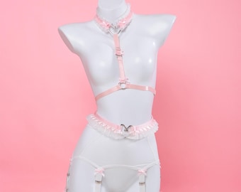 Pink and White Ruffled Pastel Goth Harness Set - Detachable Collar, White Mesh Suspender Belt