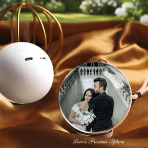 May include: A white, spherical speaker and a clear, round photo pendant with a couple embracing. The pendant has a gold-coloured base and a photo of a couple in formal attire. The text "Love's Precious Sphere" is at the bottom.