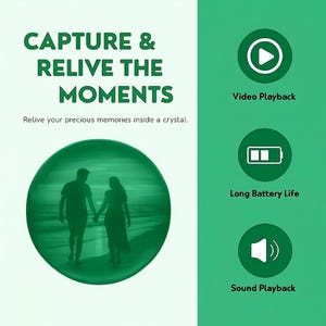May include: Green and white graphic with the text "CAPTURE & RELIVE THE MOMENTS". A green circle shows a couple holding hands. Icons for video playback, long battery life, and sound playback are also shown.