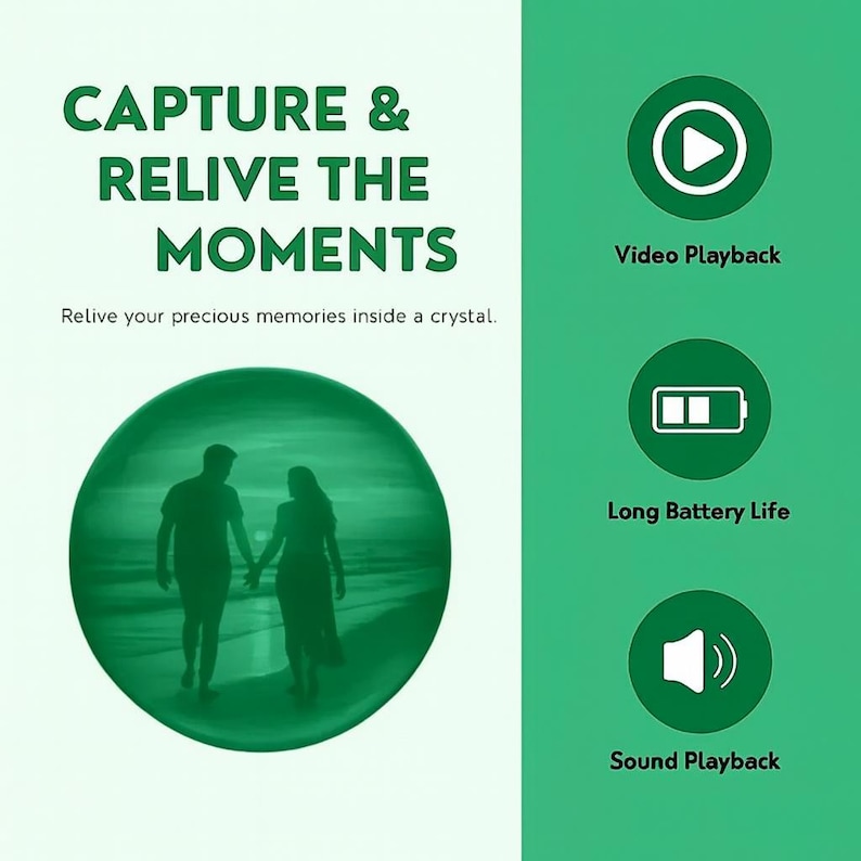 May include: Green and white graphic with the text "CAPTURE & RELIVE THE MOMENTS". A green circle shows a couple holding hands. Icons for video playback, long battery life, and sound playback are also shown.