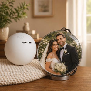 May include: A white, spherical speaker with a small speaker grill and two horizontal slots sits next to a round photo frame. The frame displays a wedding photo of a smiling couple. The frame has a silver base.
