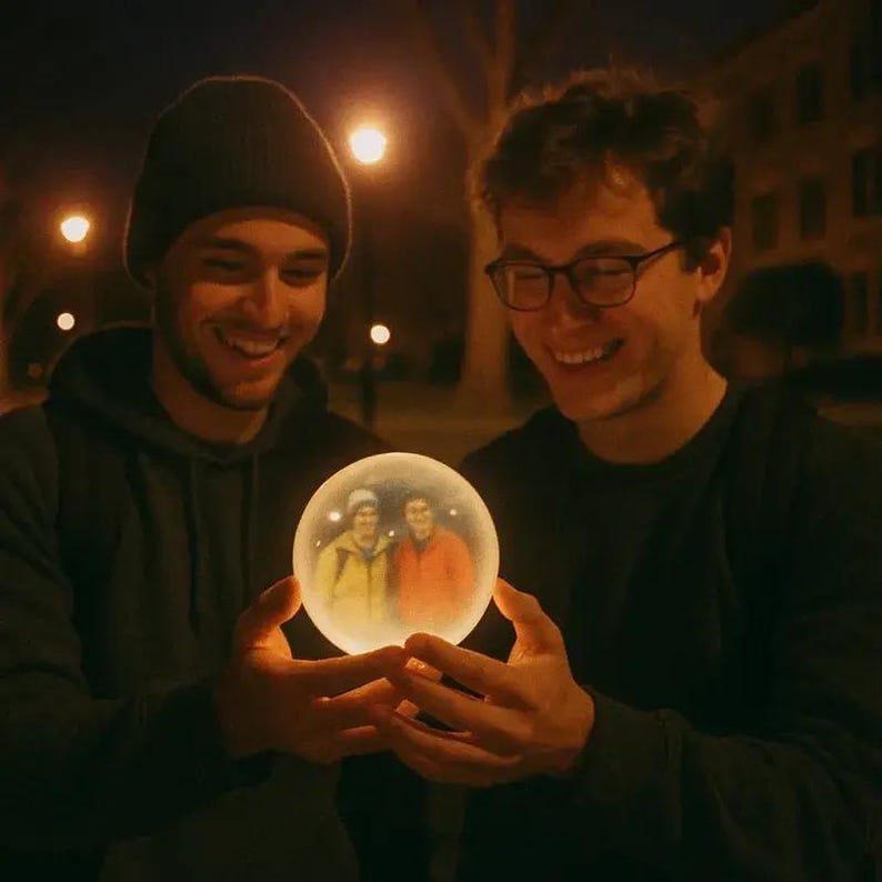 May include: Two people holding a glowing, spherical photo display at night. The display shows a photo of two people. The background is dark with streetlights. The people holding the display are smiling.
