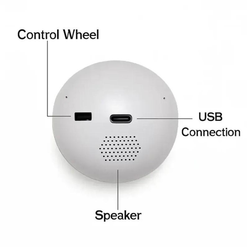 May include: A white, spherical device featuring a speaker, USB connection, and control wheel. The speaker is at the bottom, with the USB connection and control wheel on the sides. Designed for audio or data transfer.