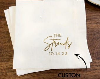 パーソナライズされたウェディングナプキン、カスタムテキストと日付入りカクテルナプキン、ブライダルシャワーの装飾